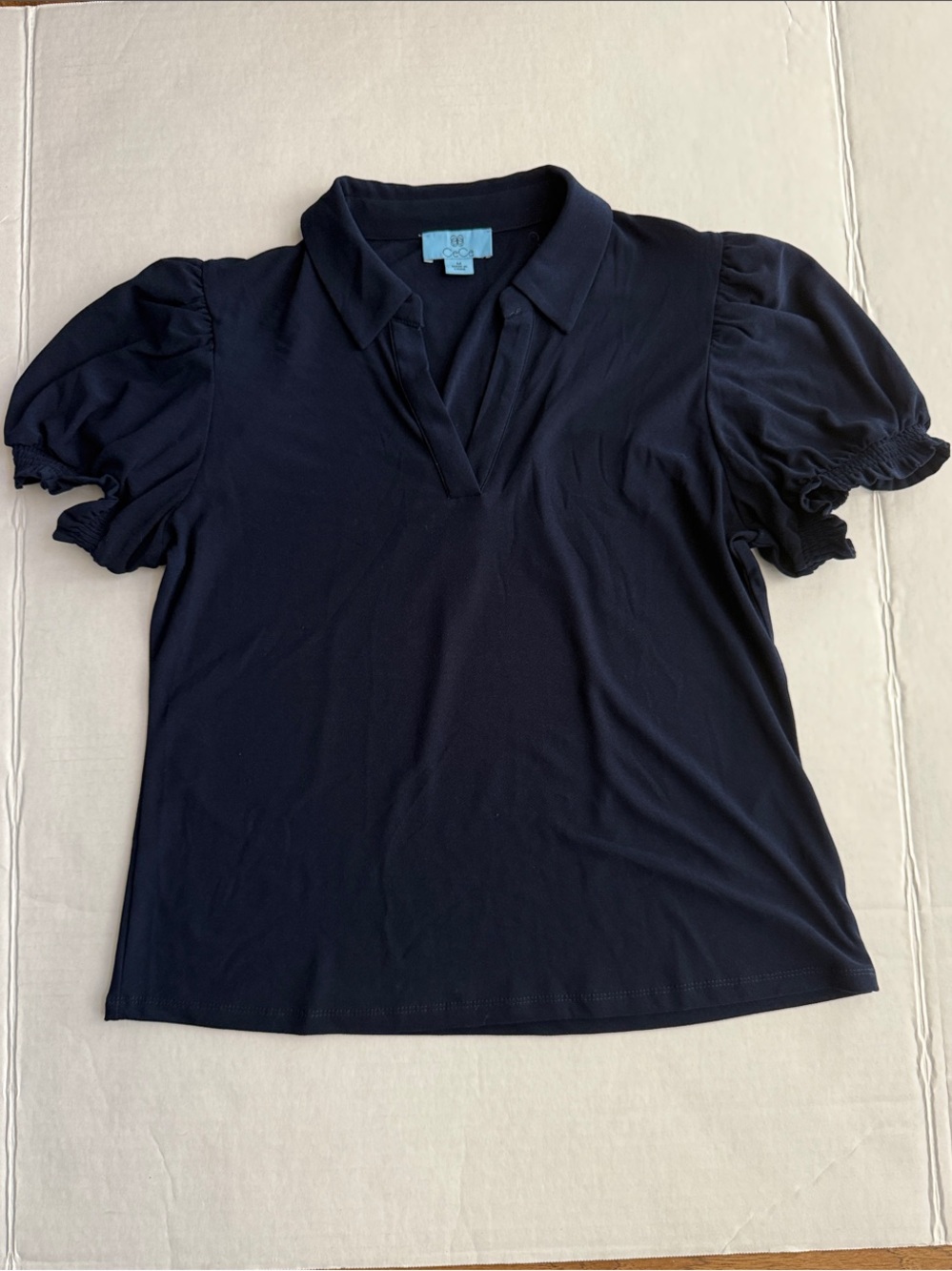 CeCe Navy Puff-Sleeve Polo Blouse